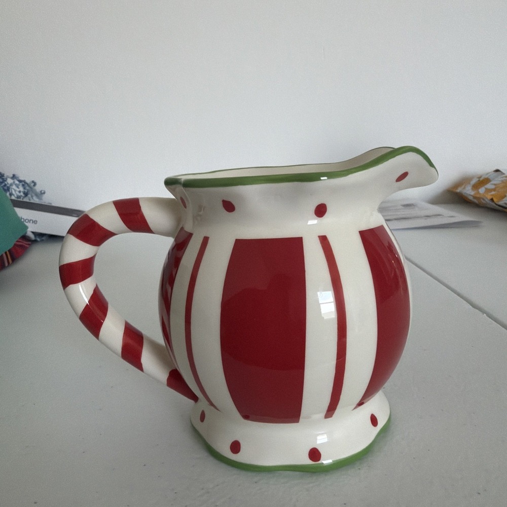 Ceramic Pitcher Cream Colored w/Red Hearts and Red & Green Stripes-Medium Size